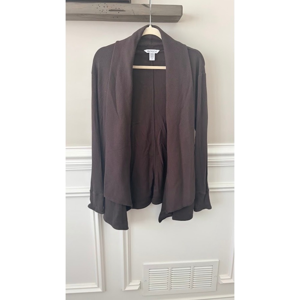 Athleta Pranayama Wrap Cardigan Espresso Brown Ribbed Open Front Pockets Small